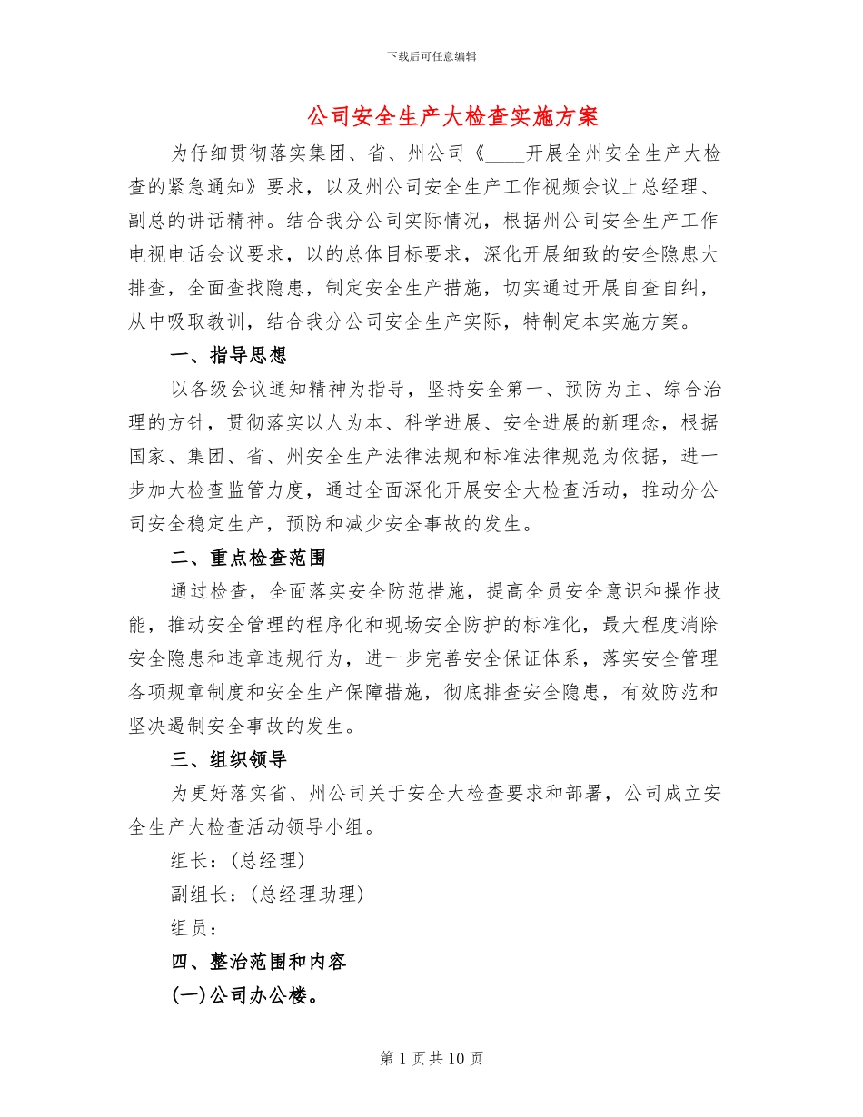 公司安全生产大检查实施方案_第1页