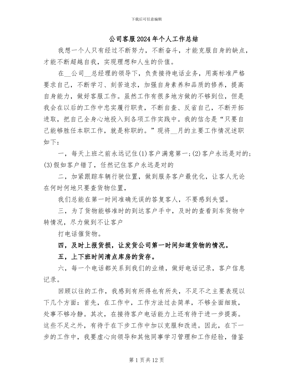 公司客服2024年个人工作总结_第1页