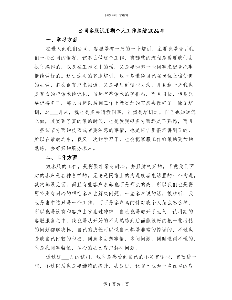 公司客服试用期个人工作总结2024年_第1页