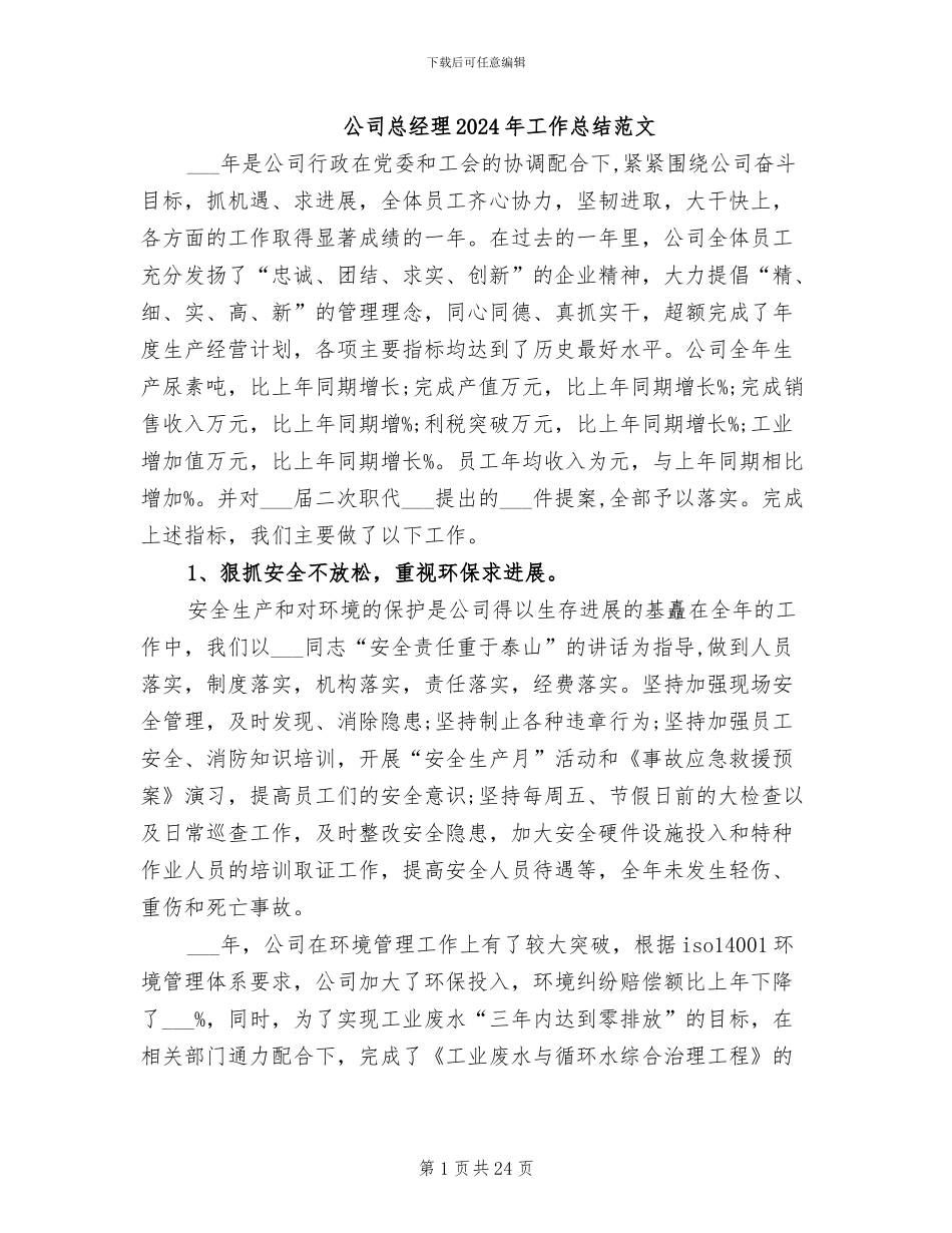 公司总经理2024年工作总结范文_第1页