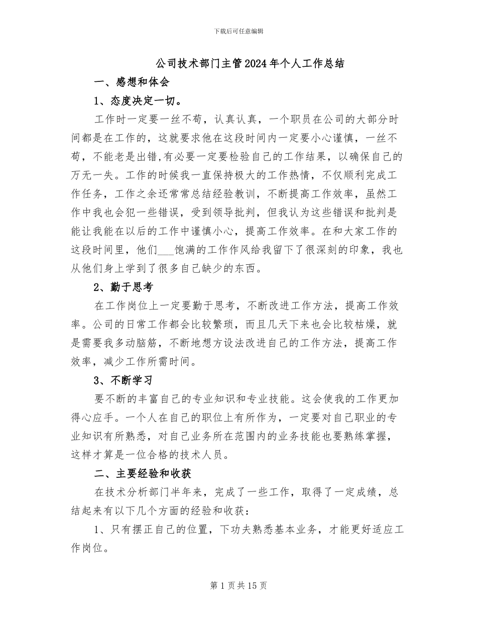 公司技术部门主管2024年个人工作总结_第1页