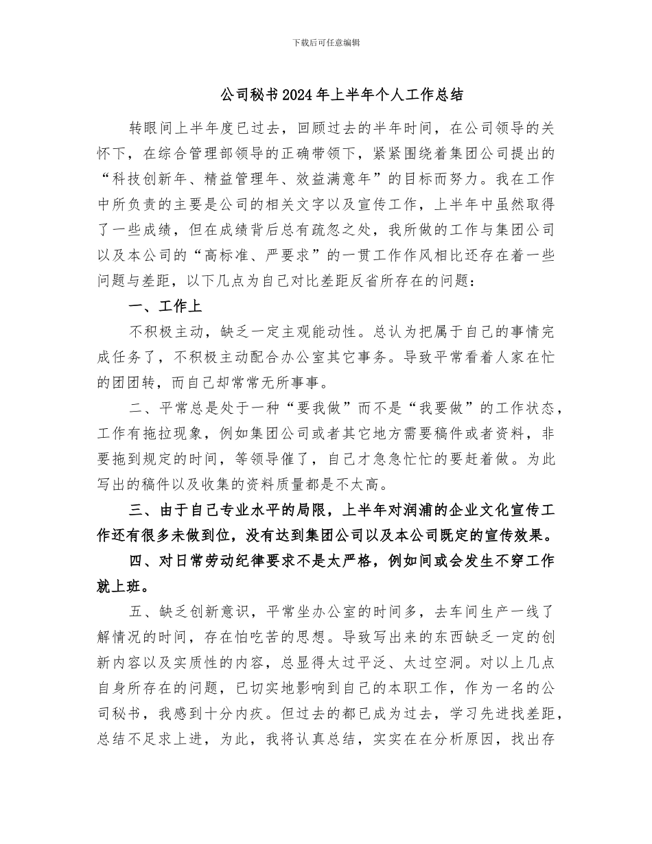 公司秘书2024年上半年个人工作总结_第1页