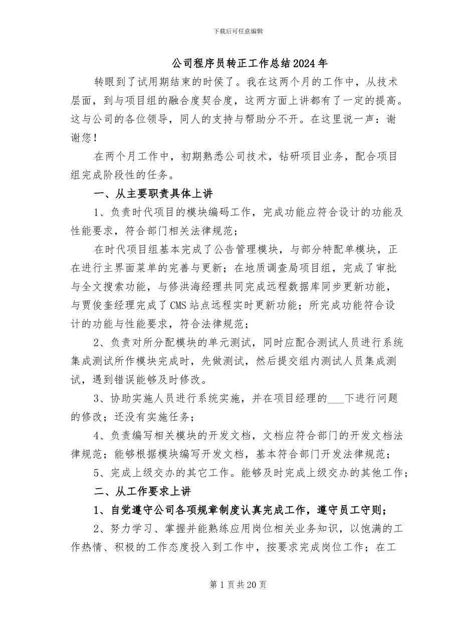 公司程序员转正工作总结2024年_第1页