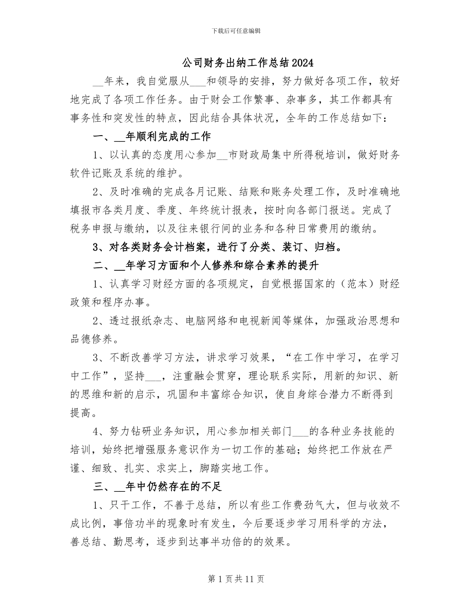 公司财务出纳工作总结2024_第1页