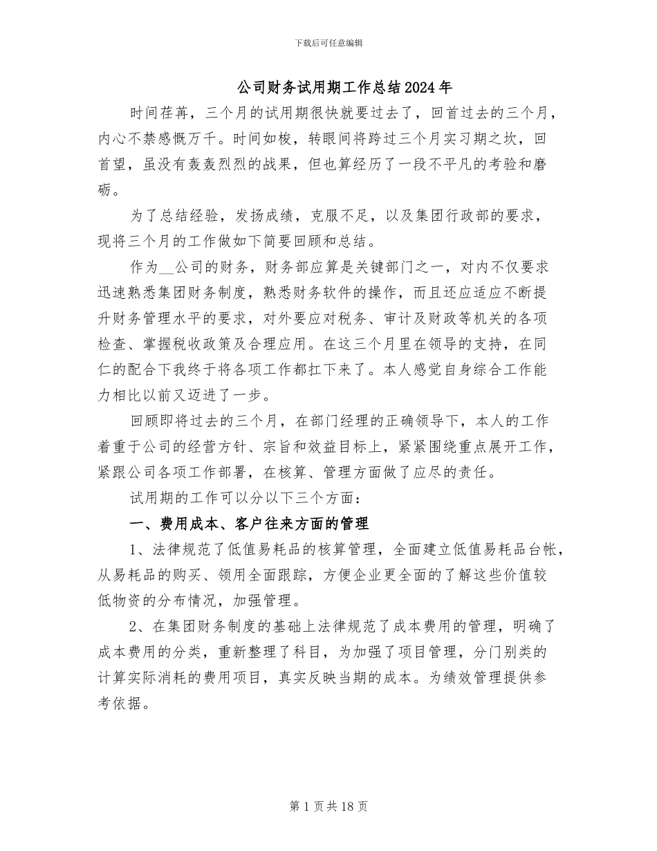 公司财务试用期工作总结2024年_第1页
