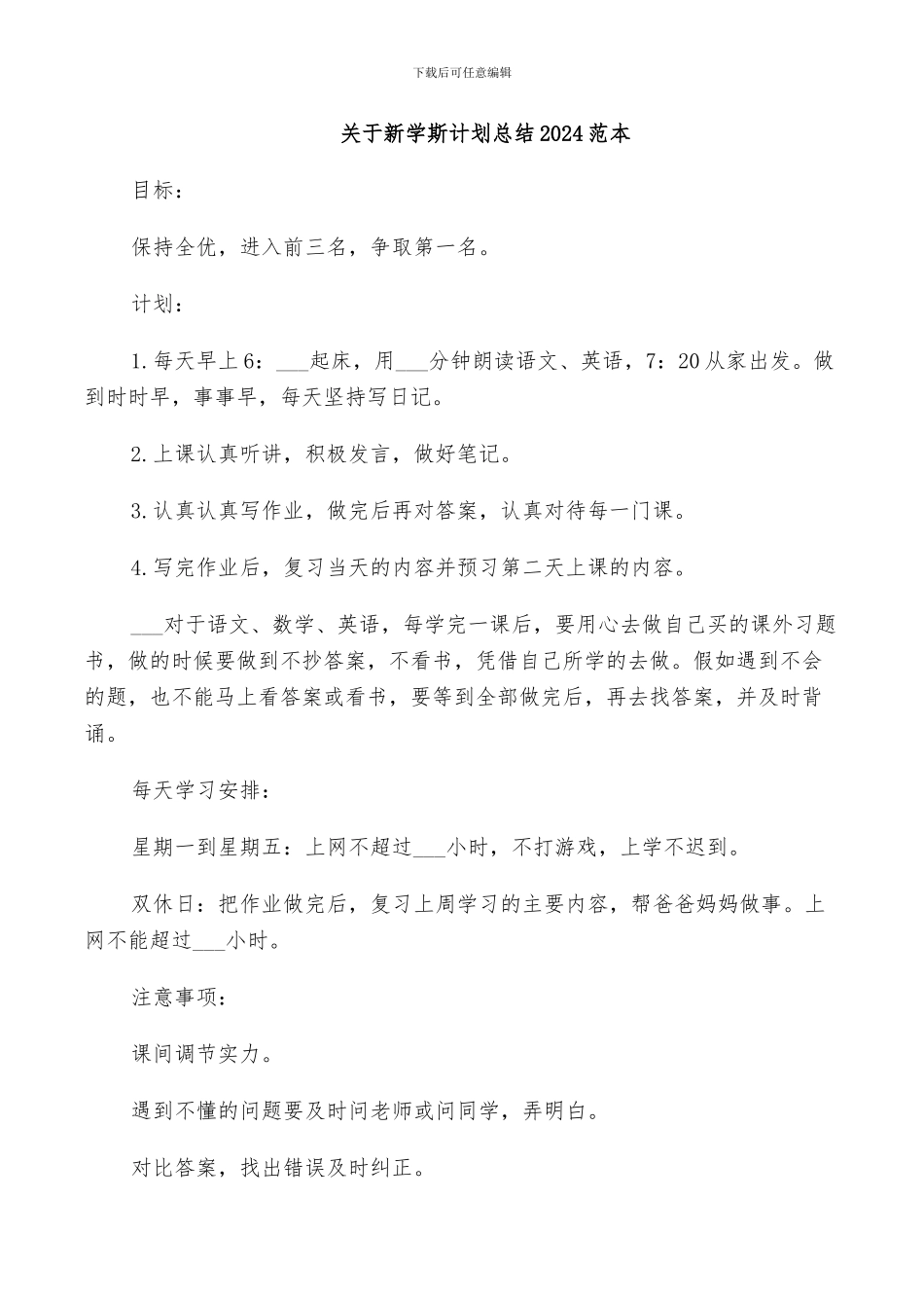 关于新学斯计划总结2024范本_第1页