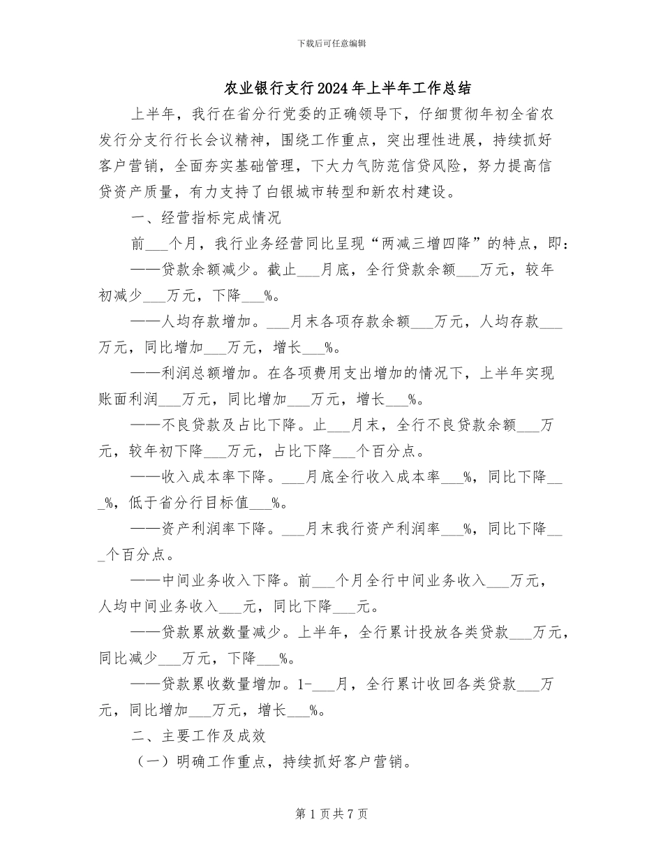 农业银行支行2024年上半年工作总结_第1页