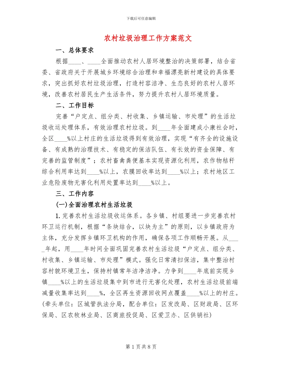 农村垃圾治理工作方案范文(2篇)_第1页