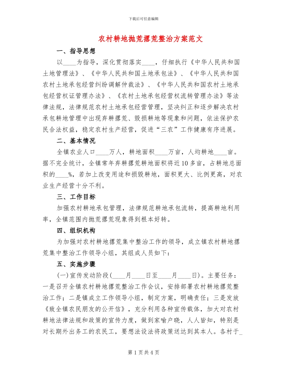 农村耕地抛荒撂荒整治方案范文_第1页