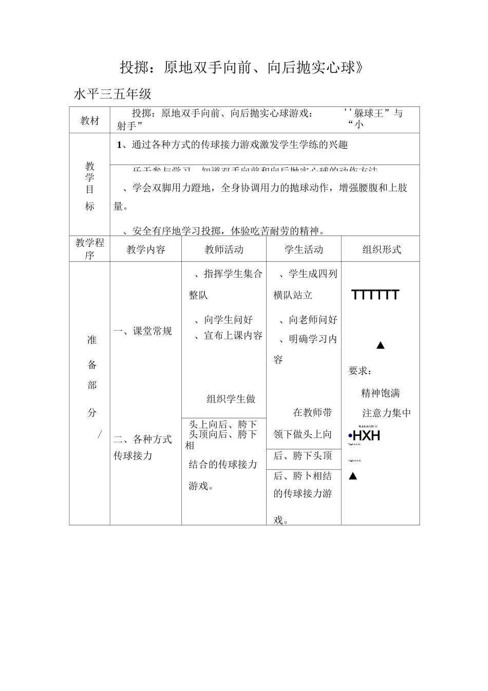 小学体育与健康五年级《投掷：原地双手向前、向后抛实心球》表格式教案_第1页