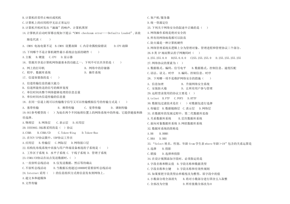 山东2019年春季高考模拟考试信息技术类专业知识试题_第2页