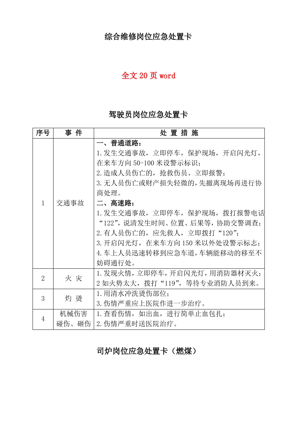 岗位应急处置卡大全_第1页