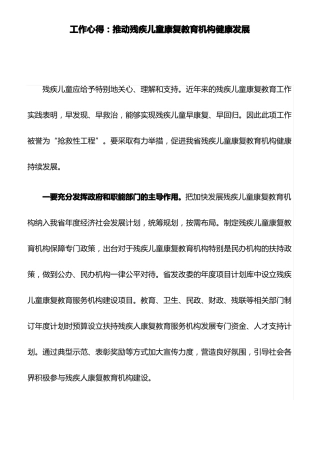 工作心得：推动残疾儿童康复教育机构健康发展