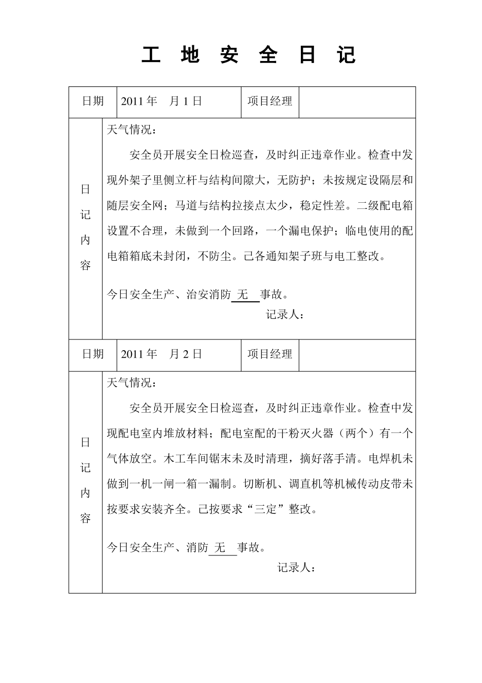 工地安全日记范例_第1页