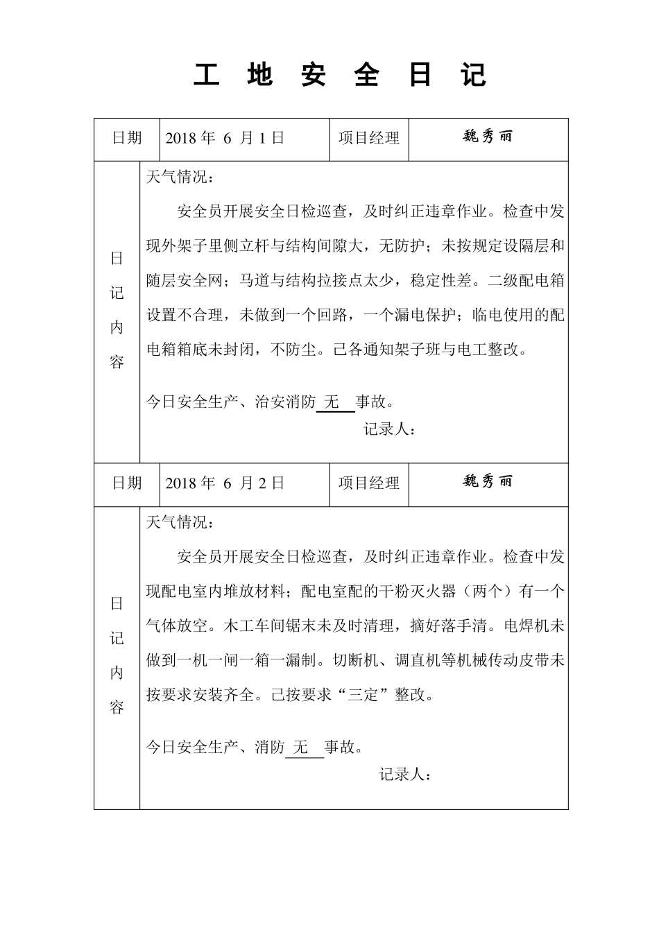工地安全日记-范例_第1页