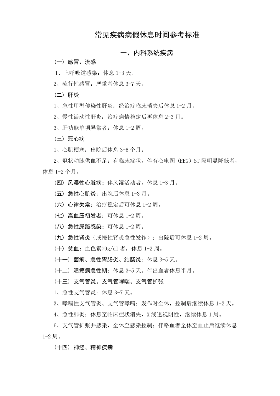 常见疾病病假休息时间参考标准资料_第1页