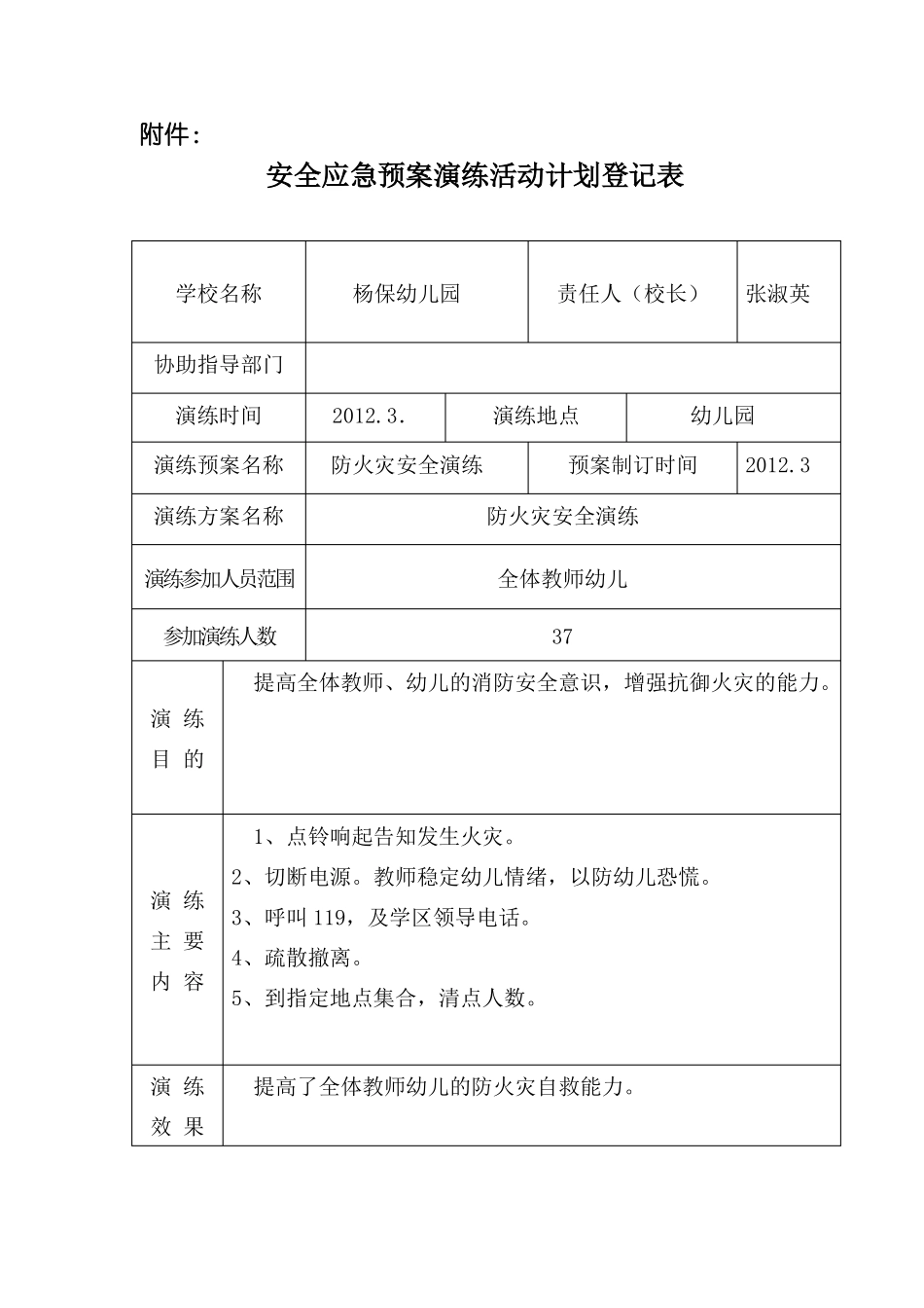 幼儿园安全应急预案演练活动计划登记表资料_第1页