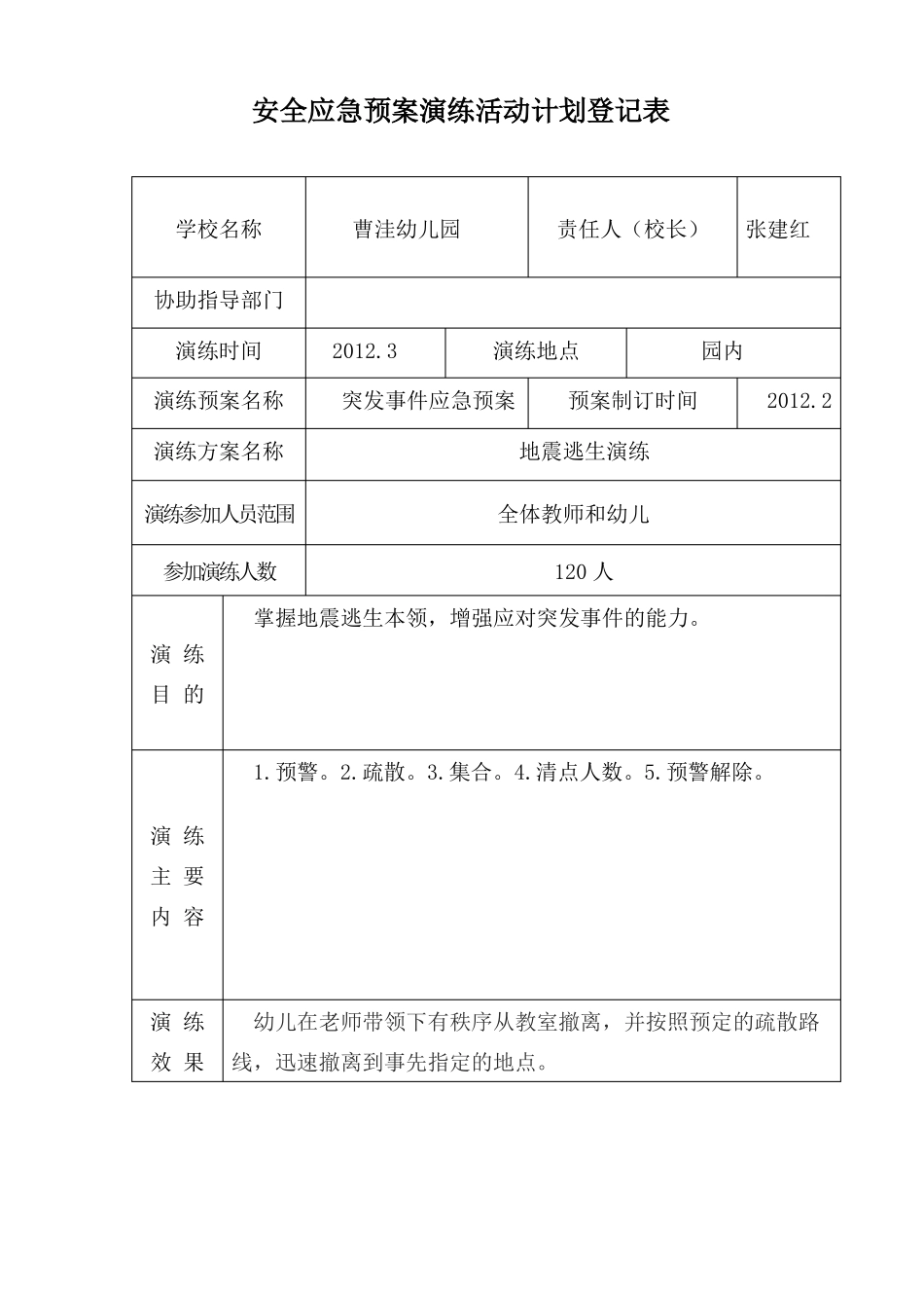 幼儿园安全应急预案演练活动计划登记表资料_第3页
