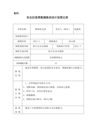 幼儿园安全应急预案演练活动计划登记表资料