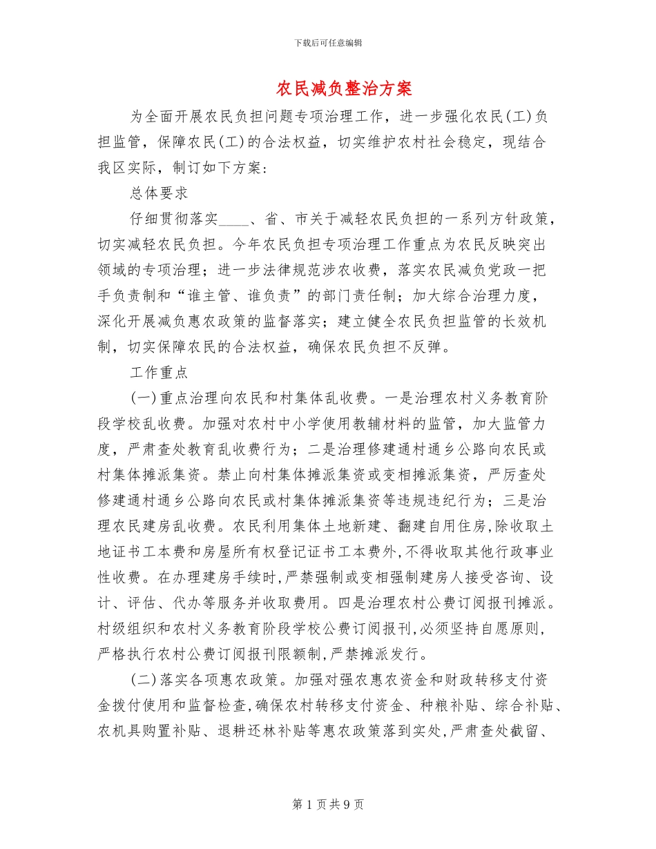 农民减负整治方案_第1页
