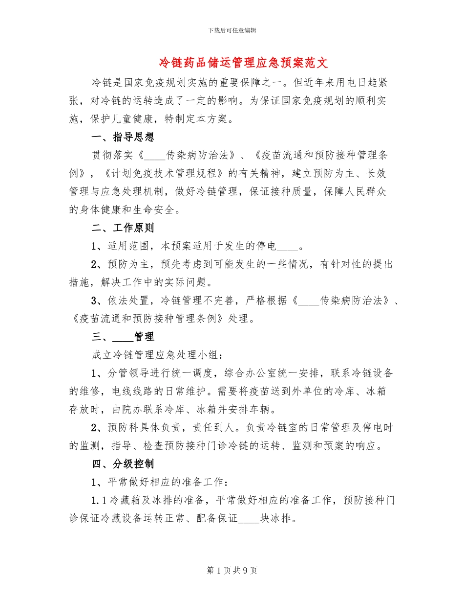 冷链药品储运管理应急预案范文_第1页