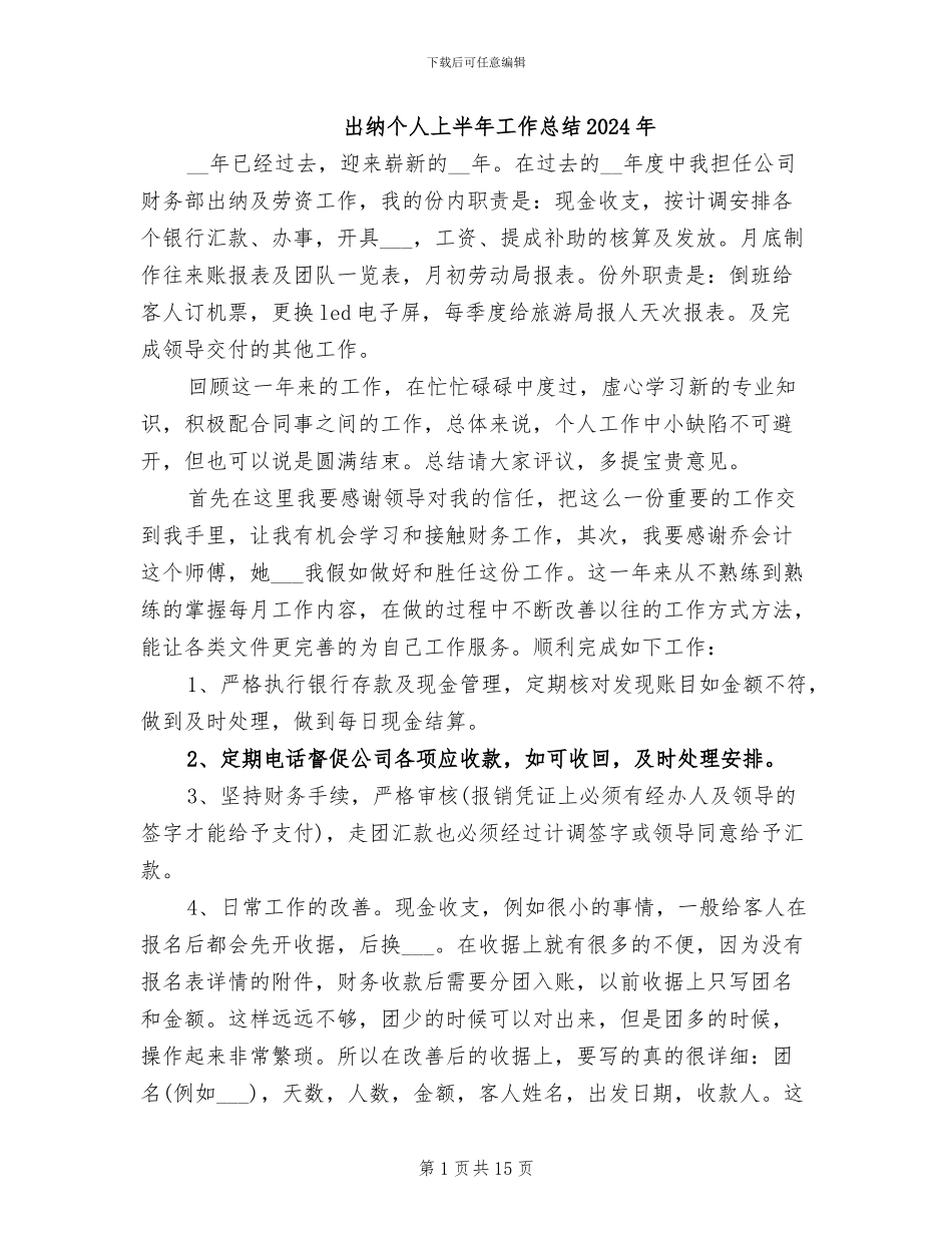 出纳个人上半年工作总结2024年_第1页