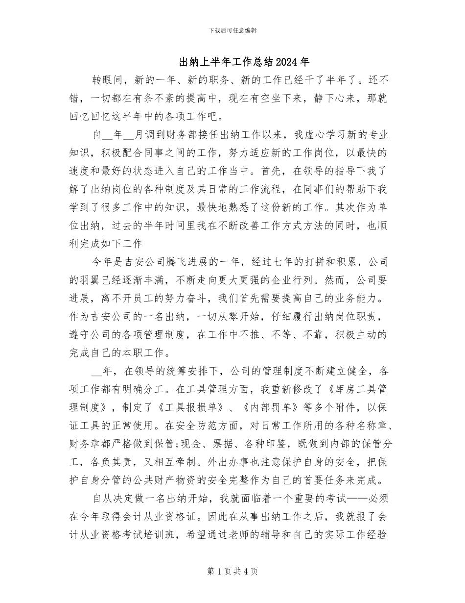 出纳上半年工作总结2024年_第1页