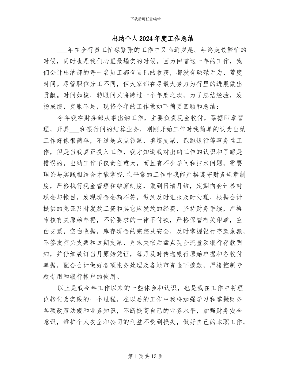 出纳个人2024年度工作总结_第1页