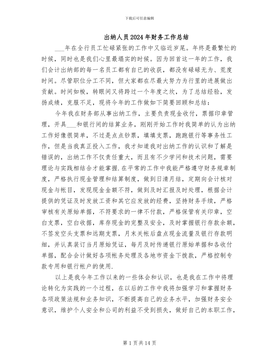 出纳人员2024年财务工作总结_第1页