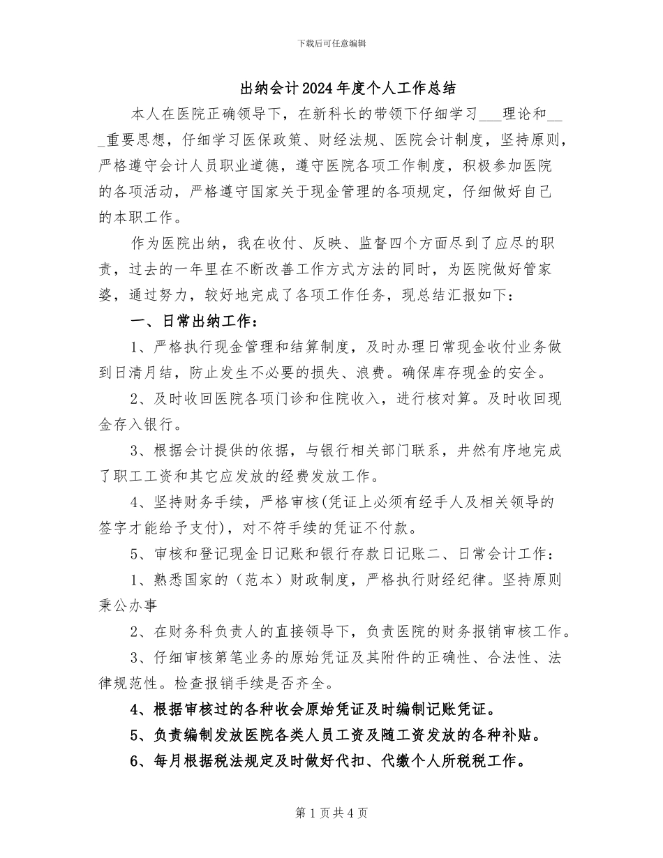 出纳会计2024年度个人工作总结_第1页