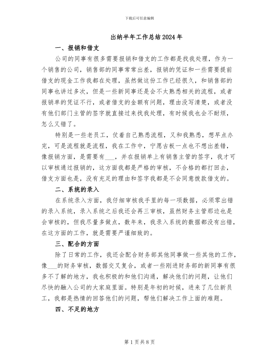 出纳半年工作总结2024年_第1页