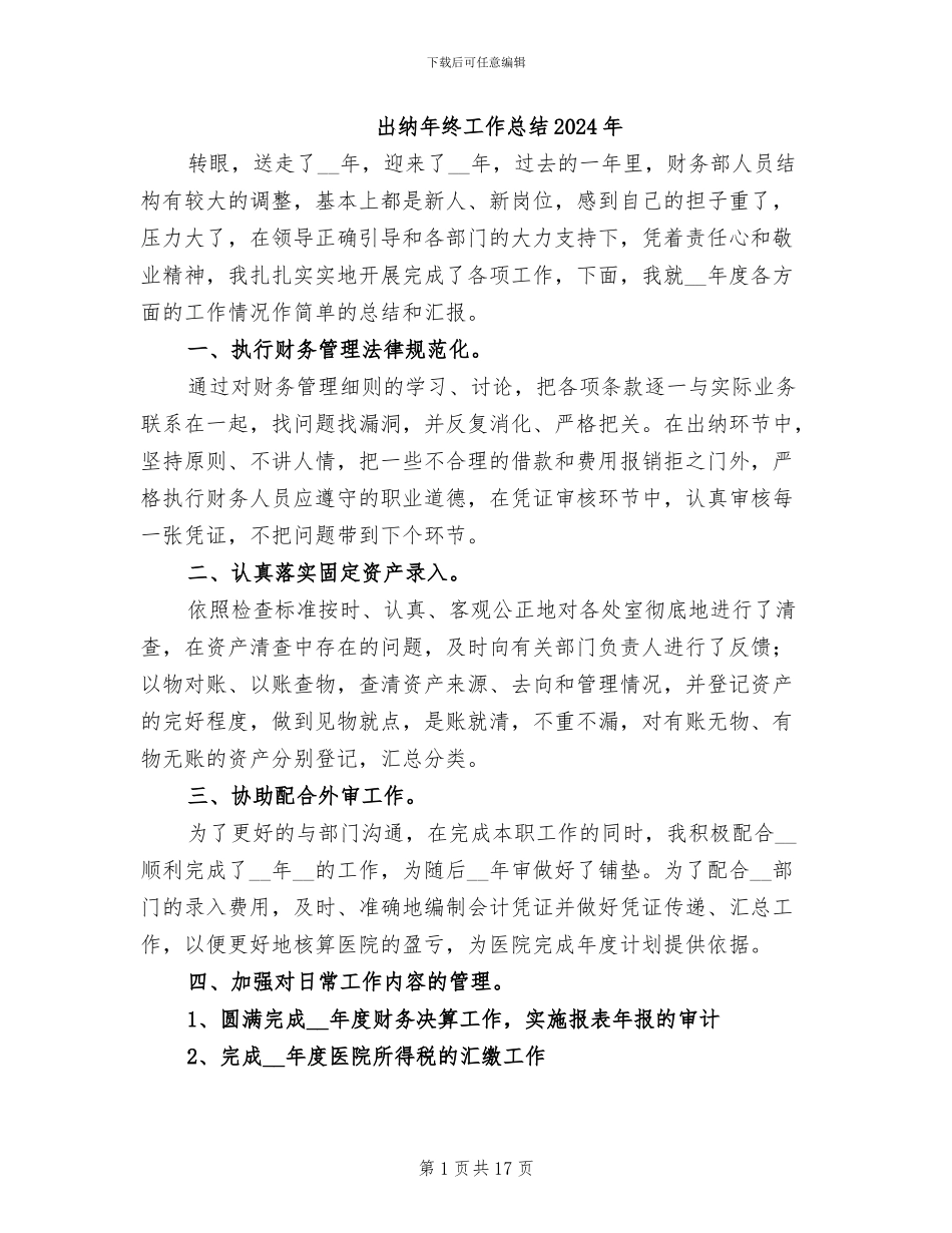 出纳年终工作总结2024年_第1页