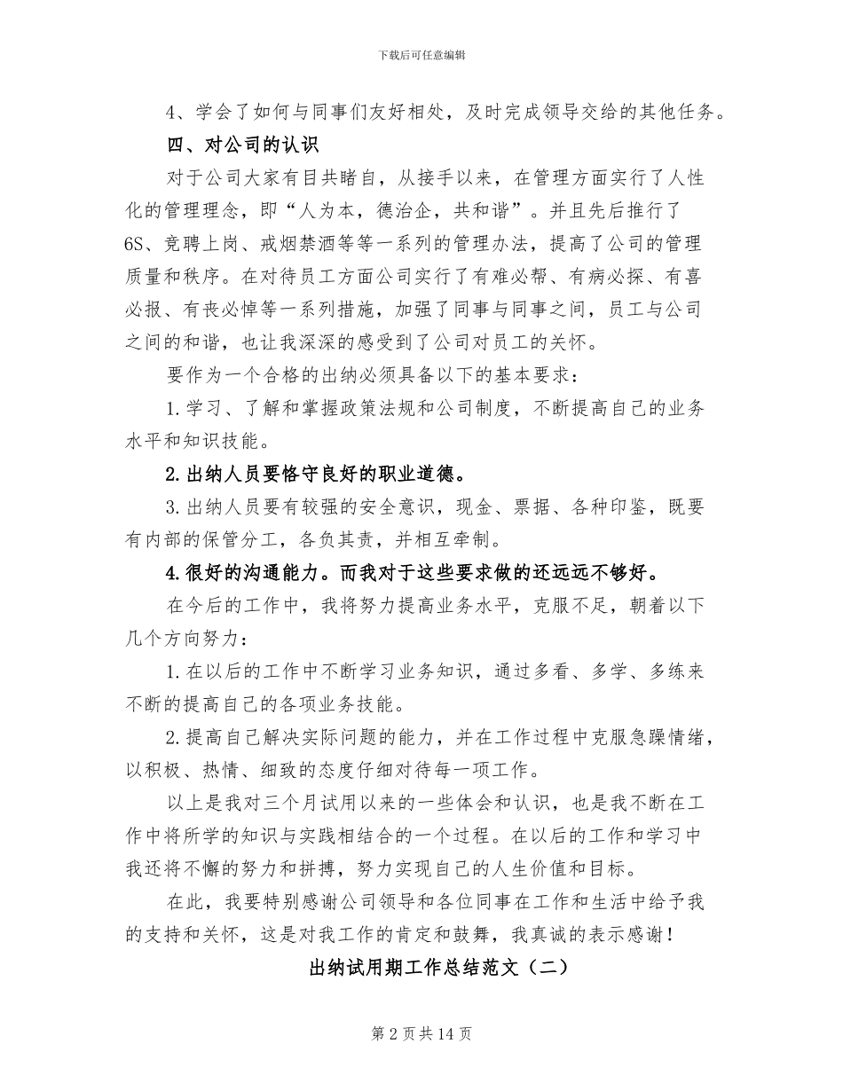 出纳试用期工作总结范文2024_第2页