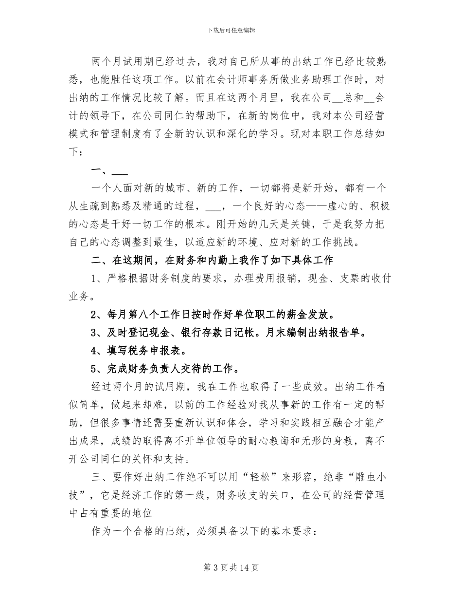 出纳试用期工作总结范文2024_第3页