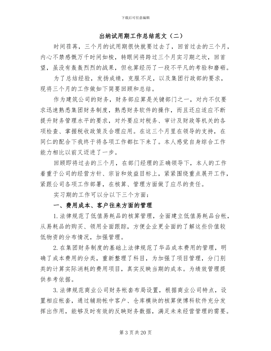 出纳试用期工作总结范文2024年_第3页