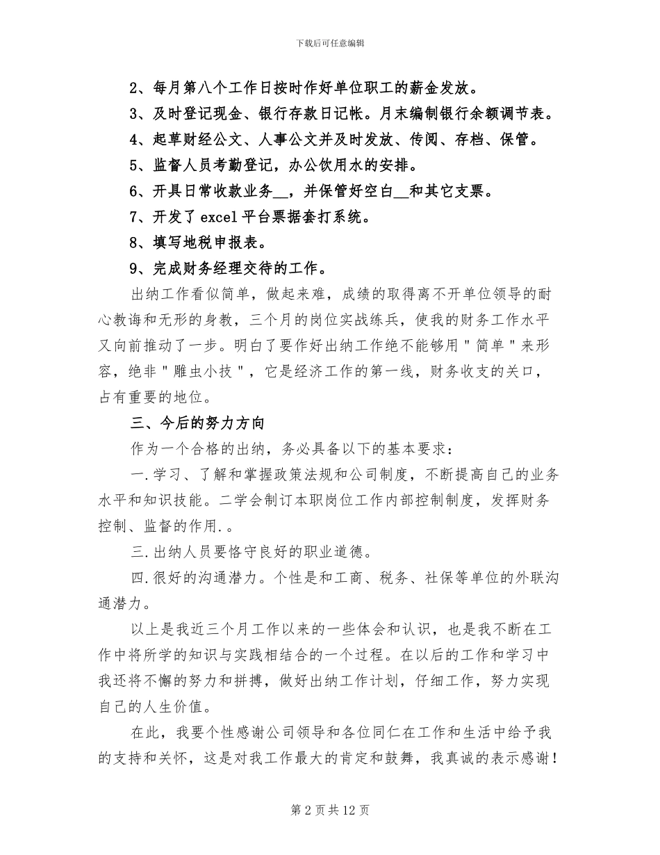 出纳转正2024年工作总结_第2页
