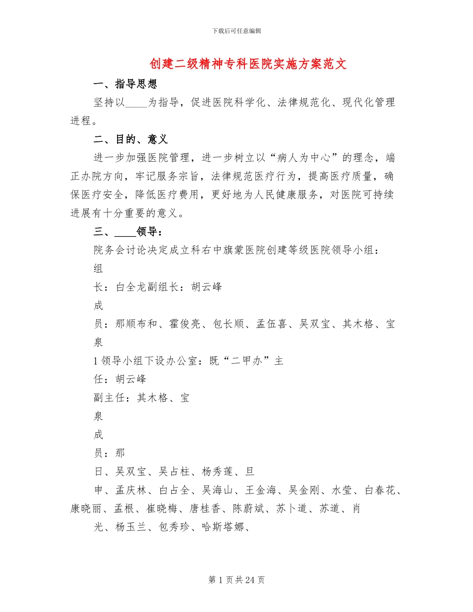 创建二级精神专科医院实施方案范文_第1页
