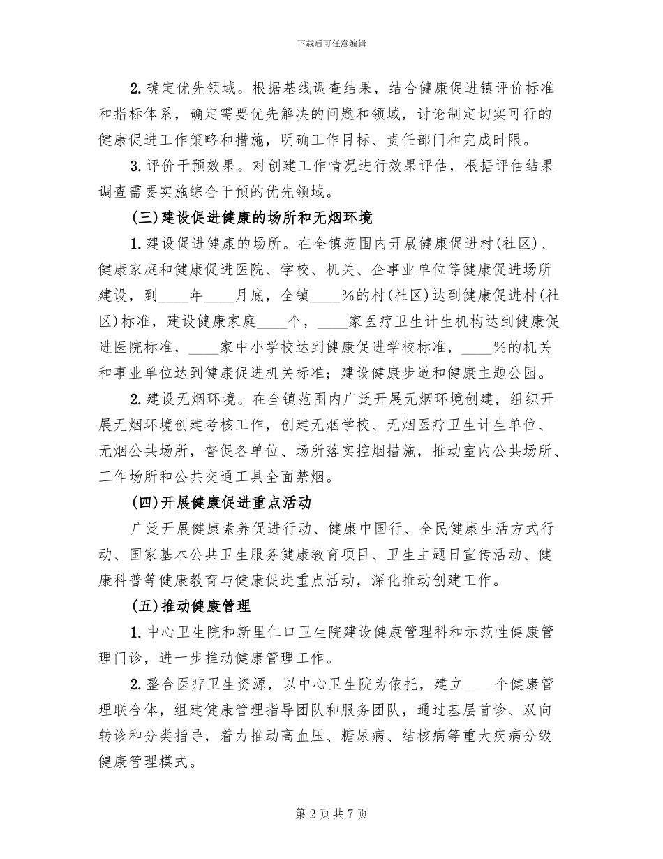创建健康促进镇工作方案范文_第2页