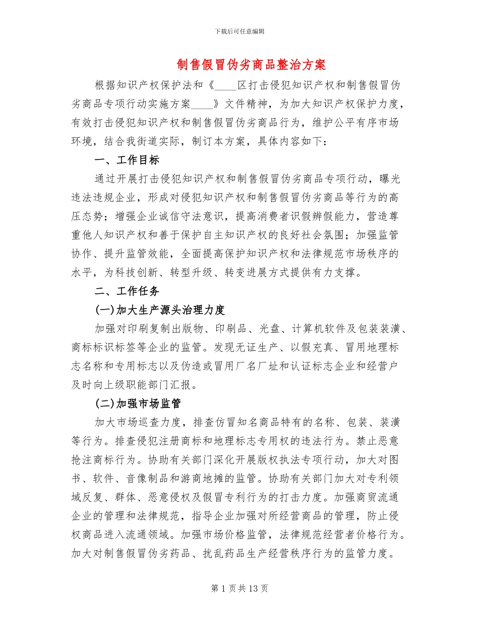 制售假冒伪劣商品整治方案_第1页