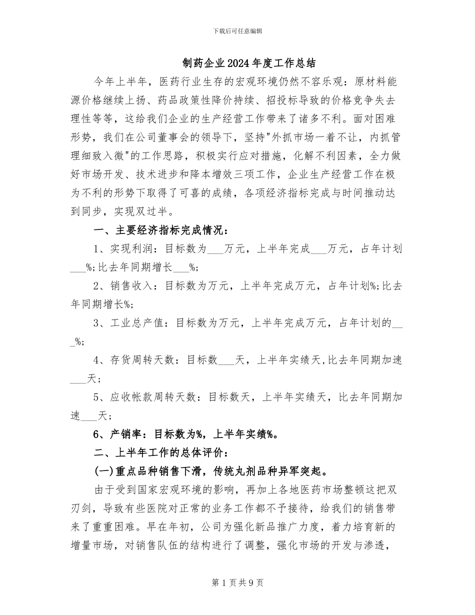 制药企业2024年度工作总结_第1页
