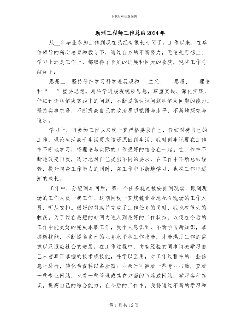 助理工程师工作总结2024年_第1页