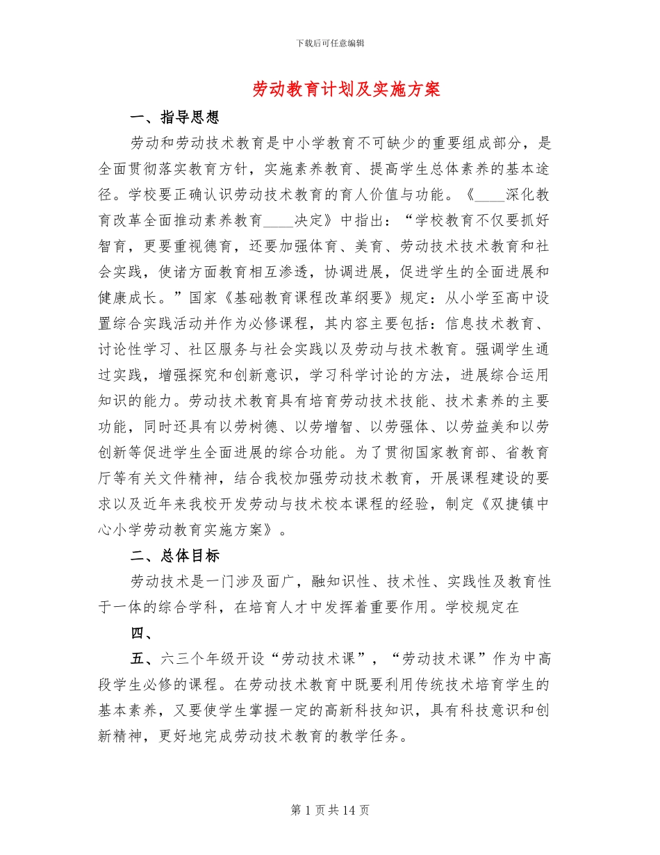 劳动教育计划及实施方案(2篇)_第1页
