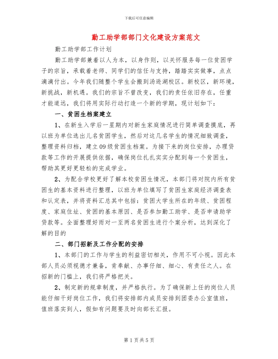 勤工助学部部门文化建设方案范文_第1页