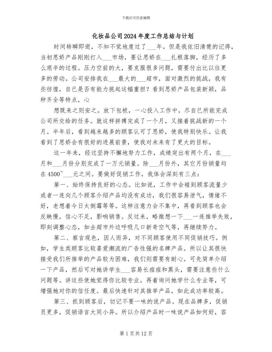 化妆品公司2024年度工作总结与计划_第1页