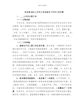 区农委2024上半年工作总结及下半年工作打算