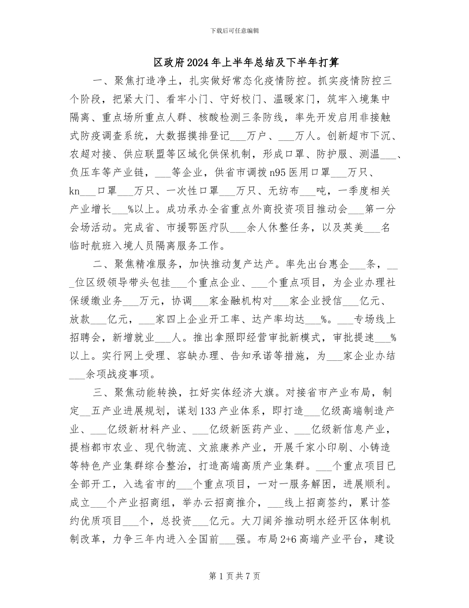 区政府2024年上半年总结及下半年打算_第1页