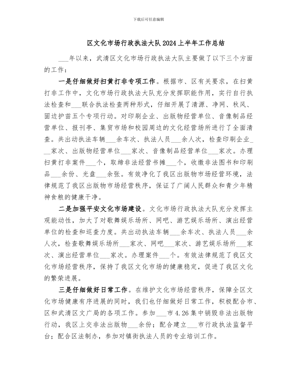 区文化市场行政执法大队2024上半年工作总结_第1页
