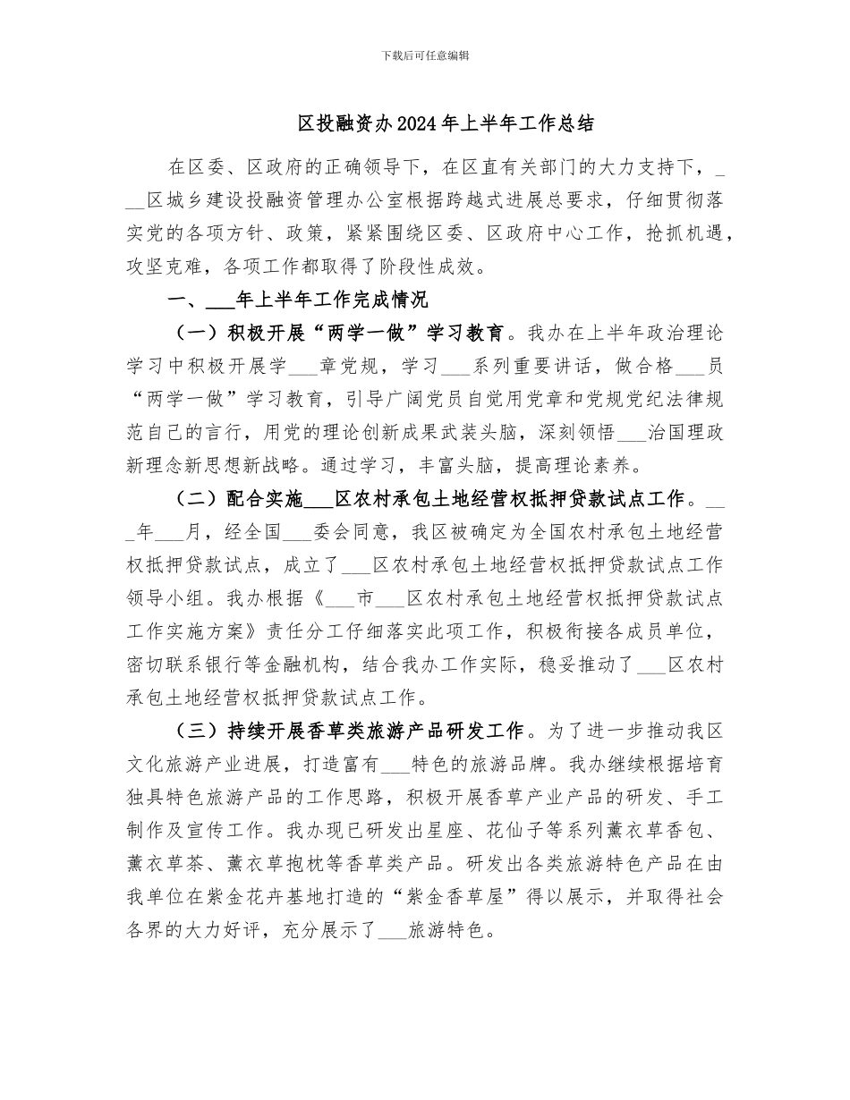 区投融资办2024年上半年工作总结_第1页