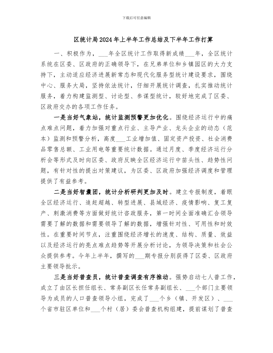 区统计局2024年上半年工作总结及下半年工作打算_第1页
