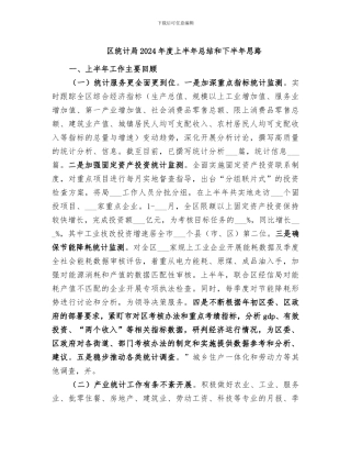区统计局2024年度上半年总结和下半年思路